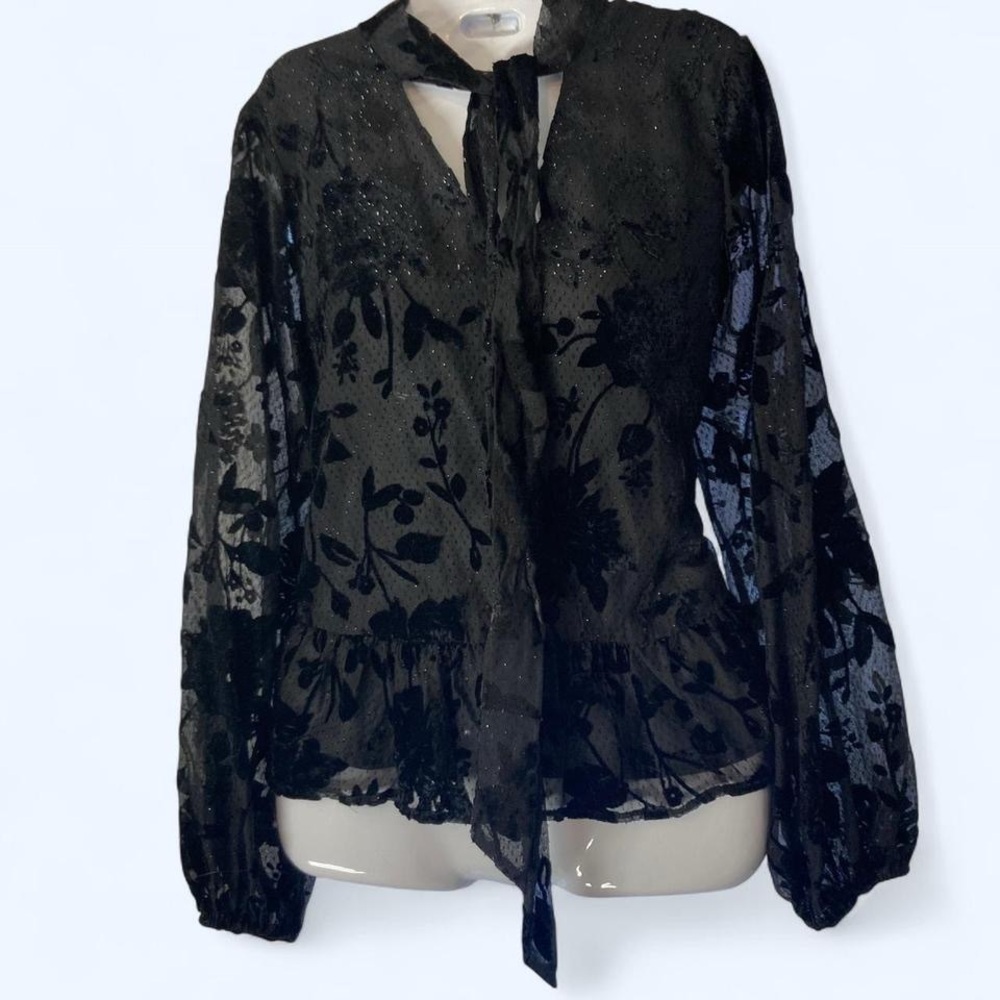 Express Black sheer floral beaded blouse w tie neck &long sleeves. M